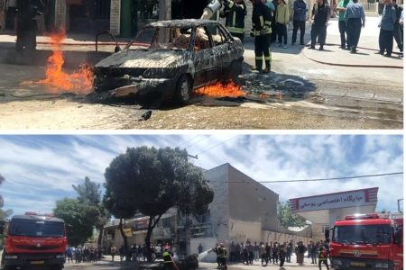 آتش سوزی خودرو درون پمپ بنزین در خیابان عشایر یک مصدوم برجای گذاشت